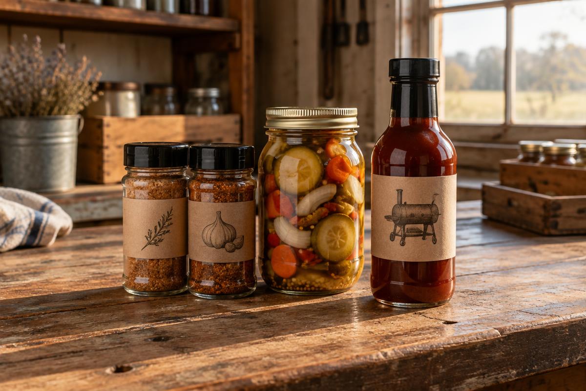 Small-batch seasonings, pickled vegetables, and barbecue sauce on a maker's table