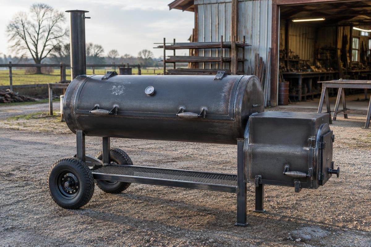 Hand-built steel offset smoker outside a local fabrication shop